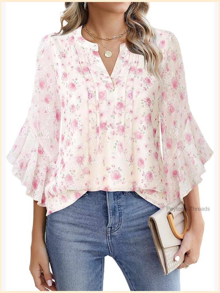 3/4 Ruffle Sleeve Henley V-Neck Blouse Tunic Top